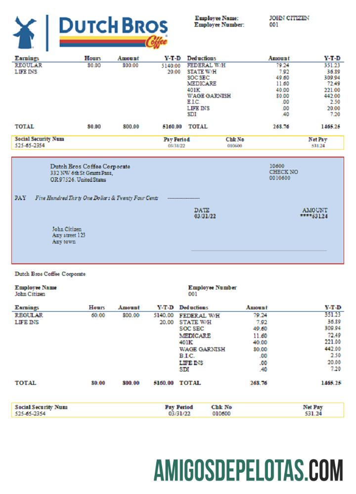 Recibo de pagamento da USA Dutch Bros Coffee Corporate Coffeehouse Company exemplo